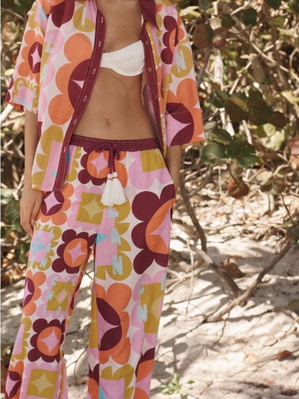 Retro Floral Geo Pink Multi Swim Coverup Set with Tassel Drawstring